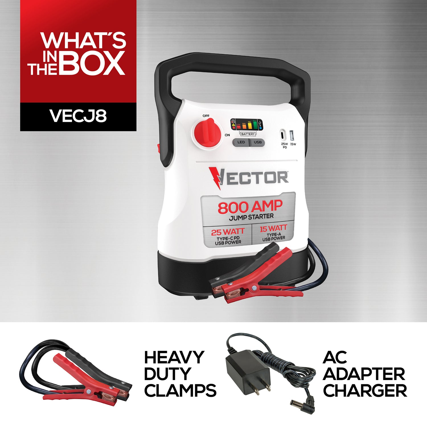 Vector 800A Jump Starter with USB-C and USB-A Power Ports - Model VECJ8