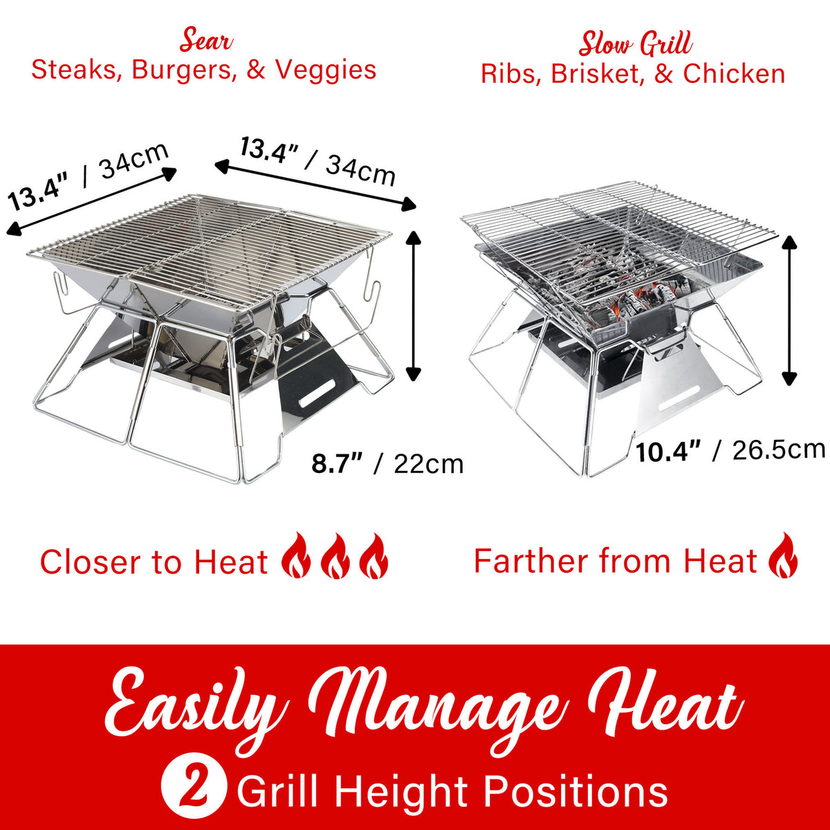 Brentwood BB-4X14SS 14-Inch Stainless Steel Portable Charcoal Grill and Fire Pit