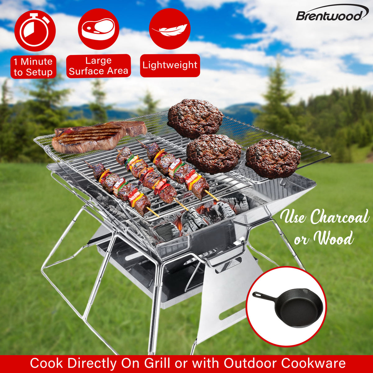 Brentwood BB-4X14SS 14-Inch Stainless Steel Portable Charcoal Grill and Fire Pit