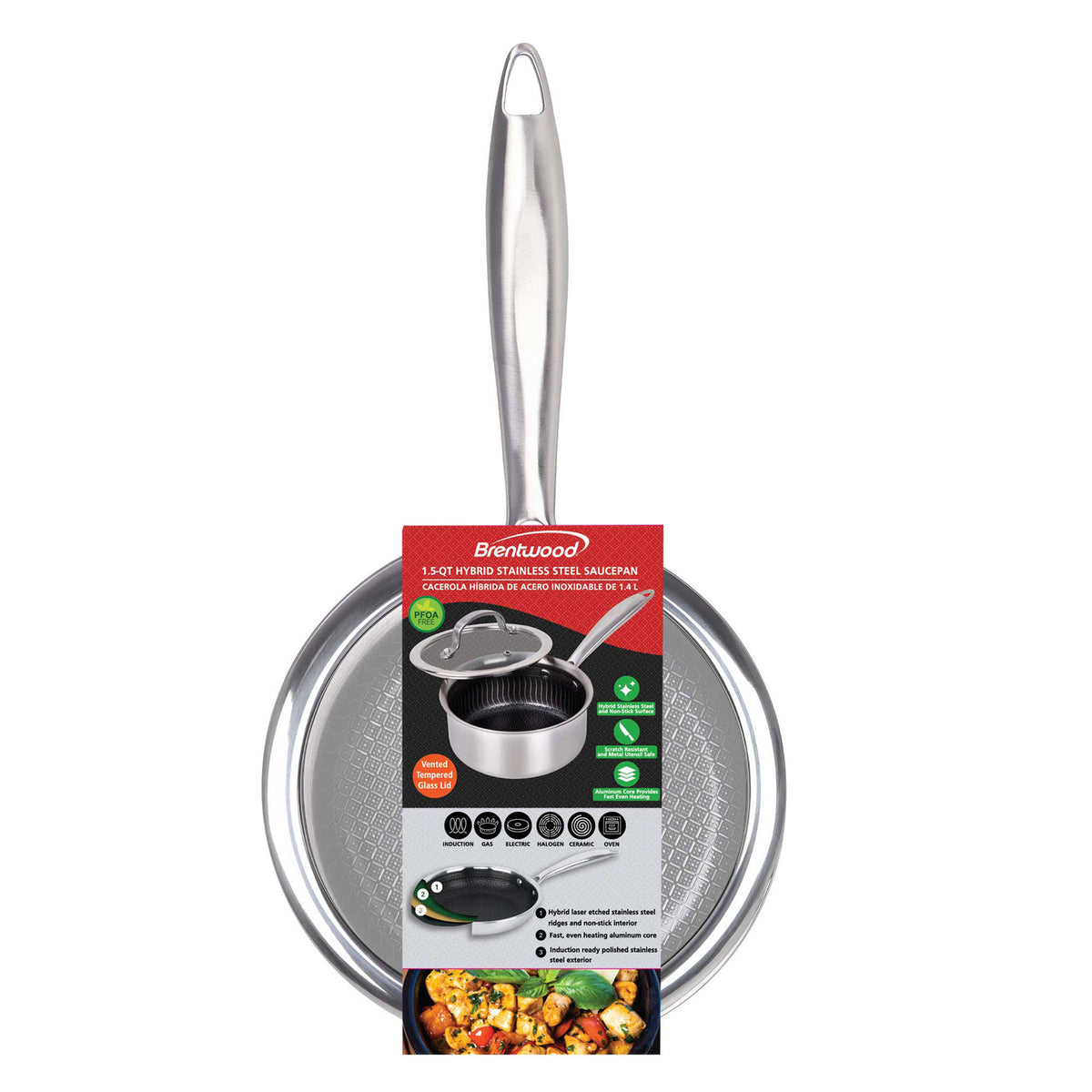 Brentwood B-SPH16L 1.5-Quart Nonstick Stainless Steel Induction Saucepan with Glass Lid
