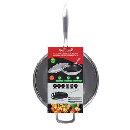 BRENTWOOD B-WH30L 12-Inch 4.2-Quart Nonstick Stainless Steel Induction Wok with Glass Lid