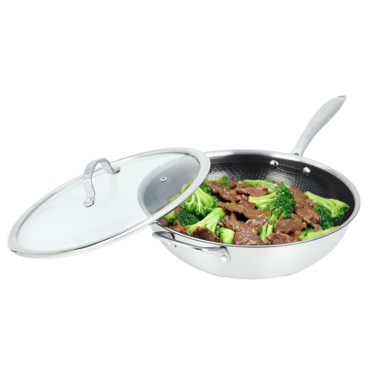 BRENTWOOD B-WH30L 12-Inch 4.2-Quart Nonstick Stainless Steel Induction Wok with Glass Lid