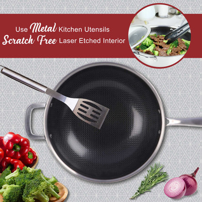 BRENTWOOD B-WH30L 12-Inch 4.2-Quart Nonstick Stainless Steel Induction Wok with Glass Lid