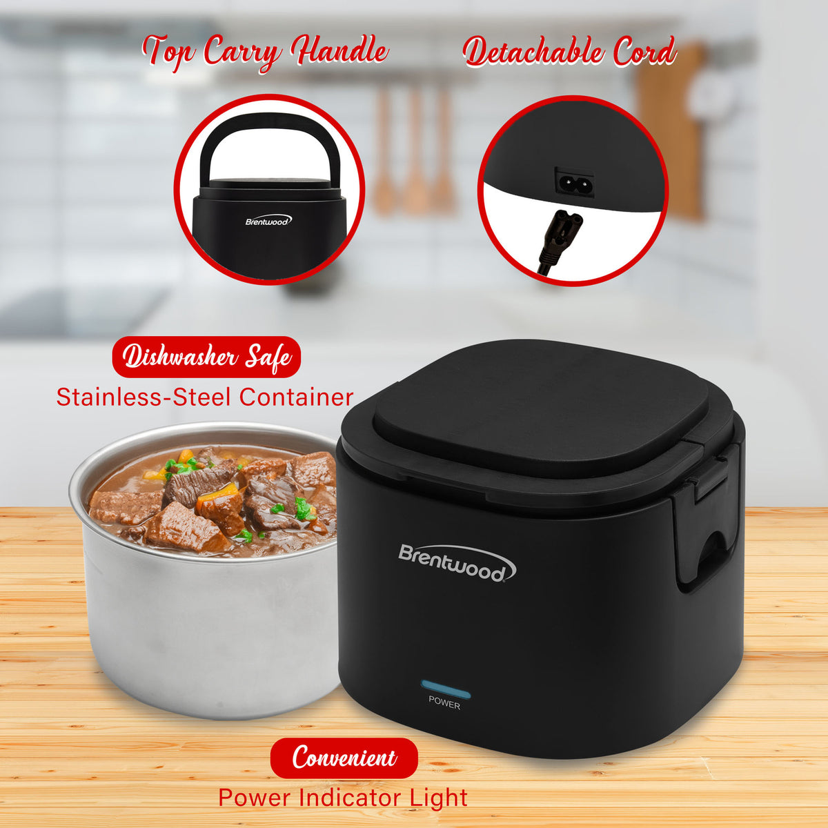 Brentwood ELB-600BK 20-Ounce Electric Lunch Box Food Warmer, Black