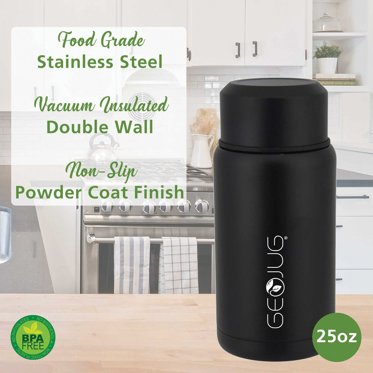 BRENTWOOD GEOJUG FTS-750BK 25 oz Insulated Food Jar with Bowl and Spoon, Black
