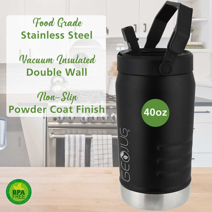 BRENTWOOD GEOJUG G-1200BK 40 oz Stainless Steel Vacuum-Insulated Water Bottle with Spout Straw Lid, Black
