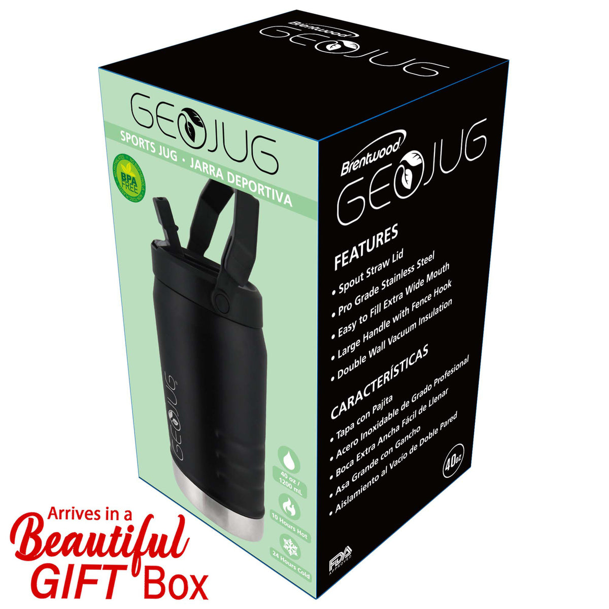 BRENTWOOD GEOJUG G-1200BK 40 oz Stainless Steel Vacuum-Insulated Water Bottle with Spout Straw Lid, Black