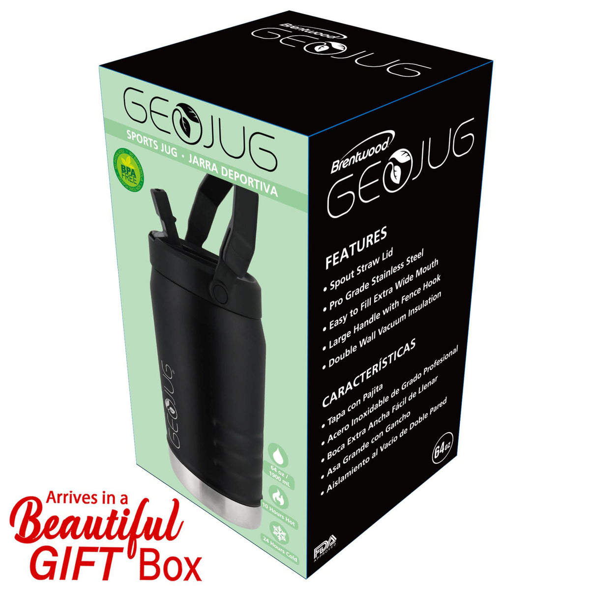 Brentwood GEOJUG G-1900BK 64 oz Stainless Steel Vacuum-Insulated Water Jug with Straw Lid, Black