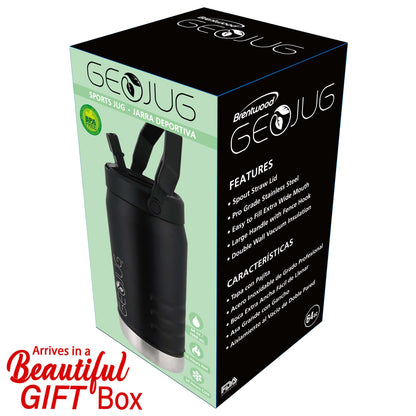Brentwood GEOJUG G-1900BK 64 oz Stainless Steel Vacuum-Insulated Water Jug with Straw Lid, Black