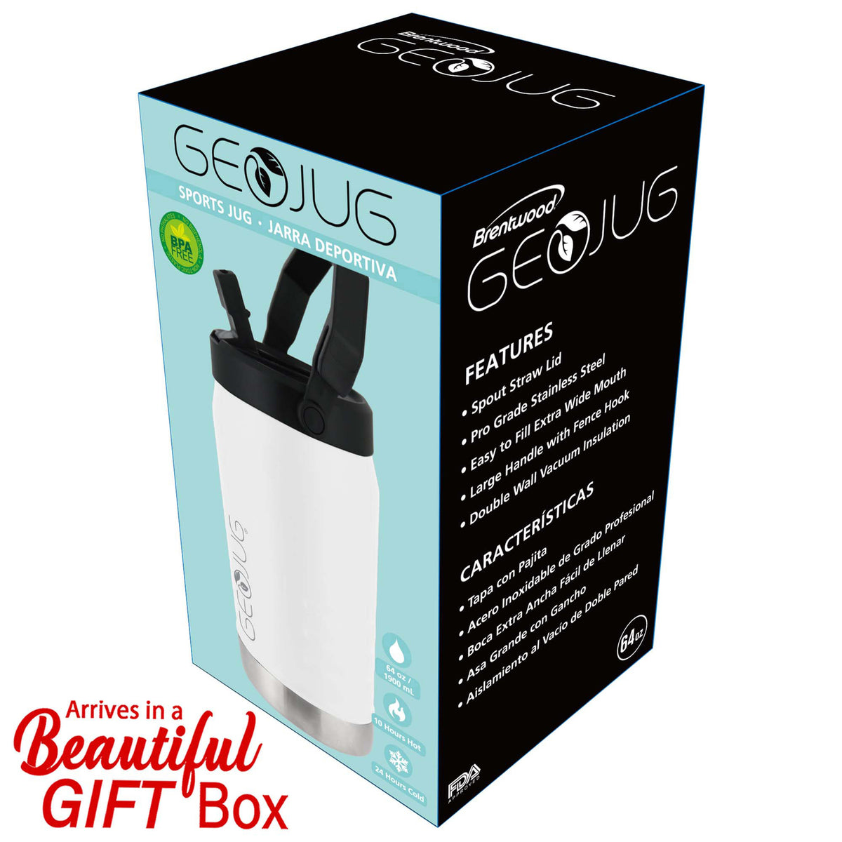 BRENTWOOD(R) GEOJUG G-1900CRM 64 oz Stainless Steel Vacuum-Insulated Jug with Spout Straw Lid, Cream