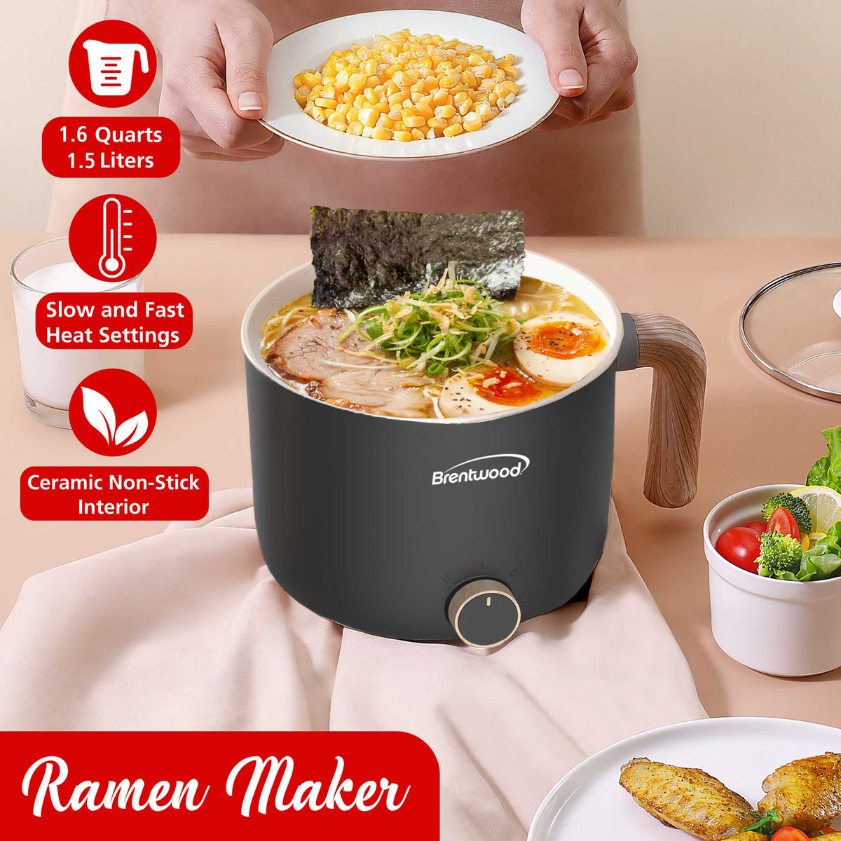 Brentwood HP-3170BK 1.5-Liter Black Electric Hot Pot with Ceramic Nonstick Coating