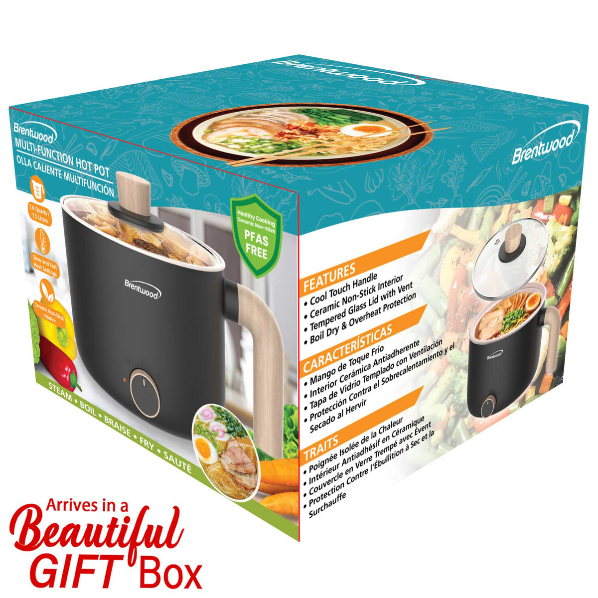 Brentwood HP-3170BK 1.5-Liter Black Electric Hot Pot with Ceramic Nonstick Coating
