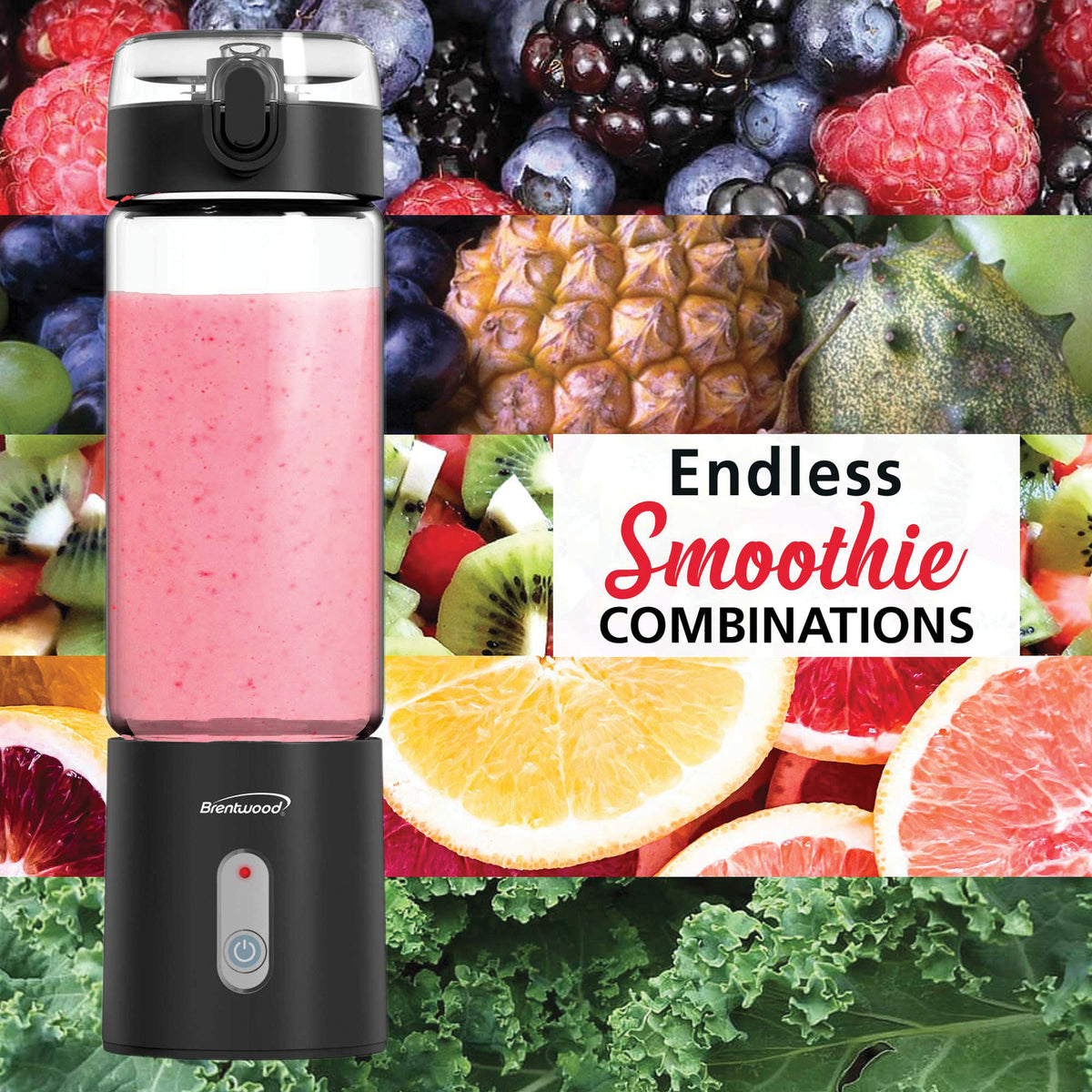 Brentwood RJB-100BK Portable USB Personal Blender, 17-Ounce Glass Jar, Black