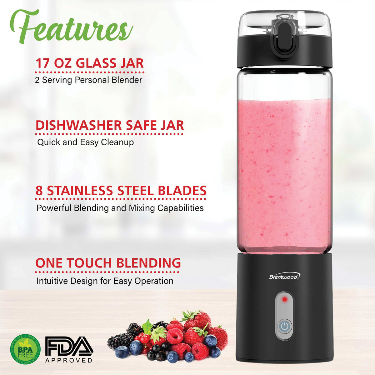 Brentwood RJB-100BK Portable USB Personal Blender, 17-Ounce Glass Jar, Black