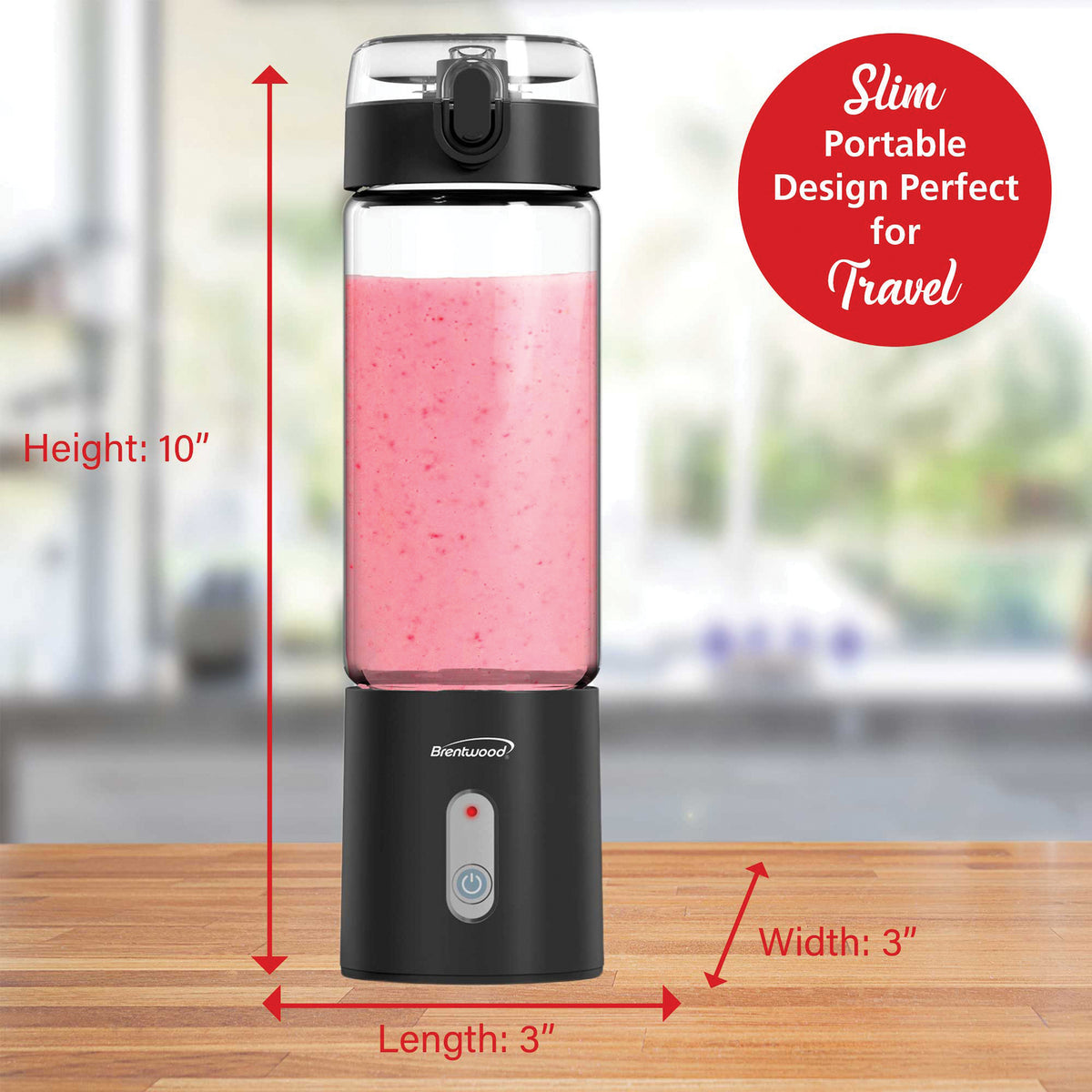 Brentwood RJB-100BK Portable USB Personal Blender, 17-Ounce Glass Jar, Black