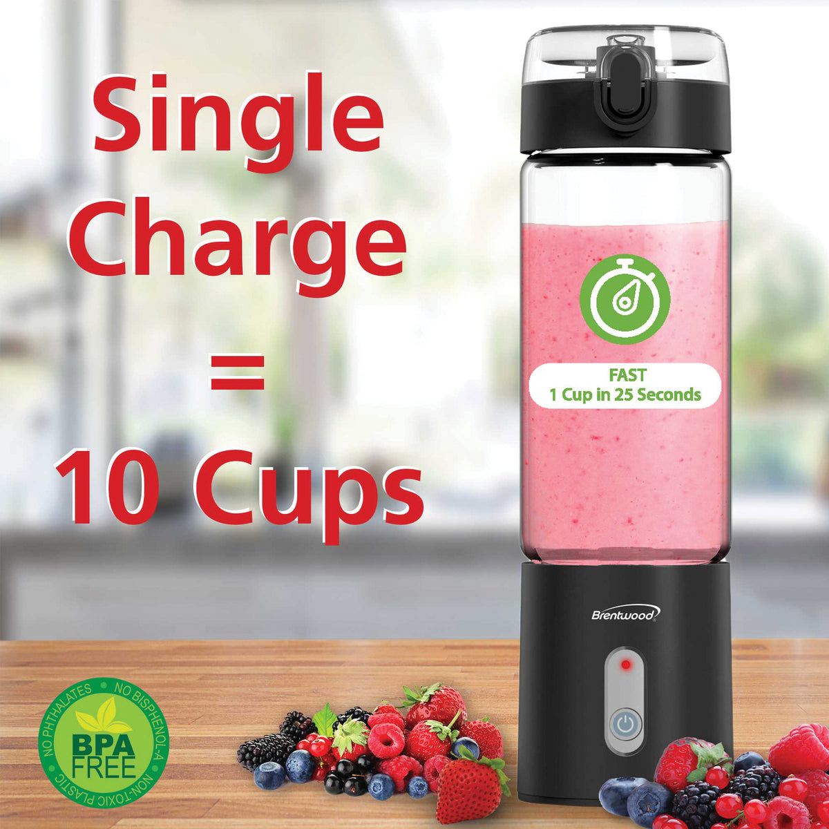 Brentwood RJB-100BK Portable USB Personal Blender, 17-Ounce Glass Jar, Black