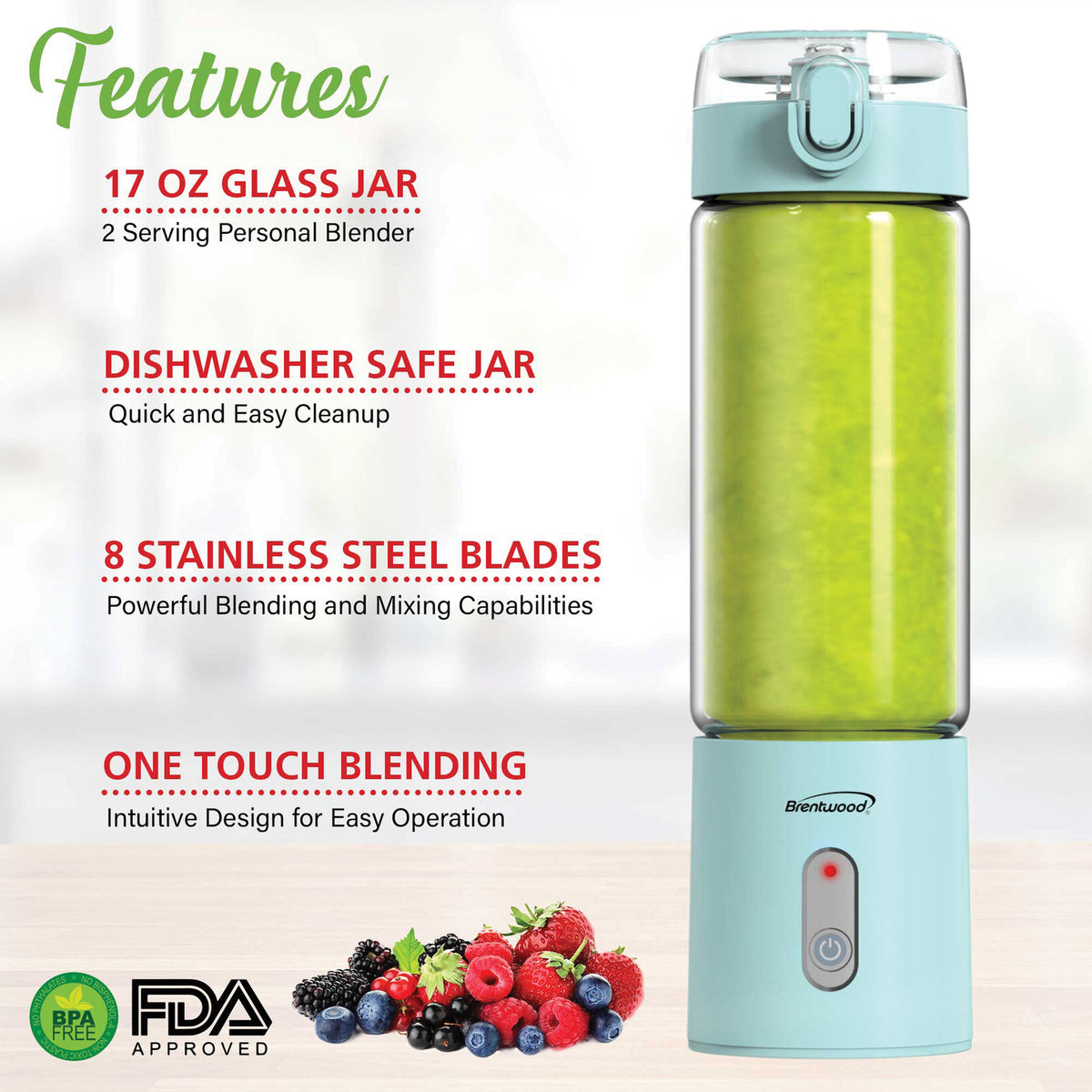 Brentwood RJB-100BL 17-Ounce Portable USB Blender, Blue