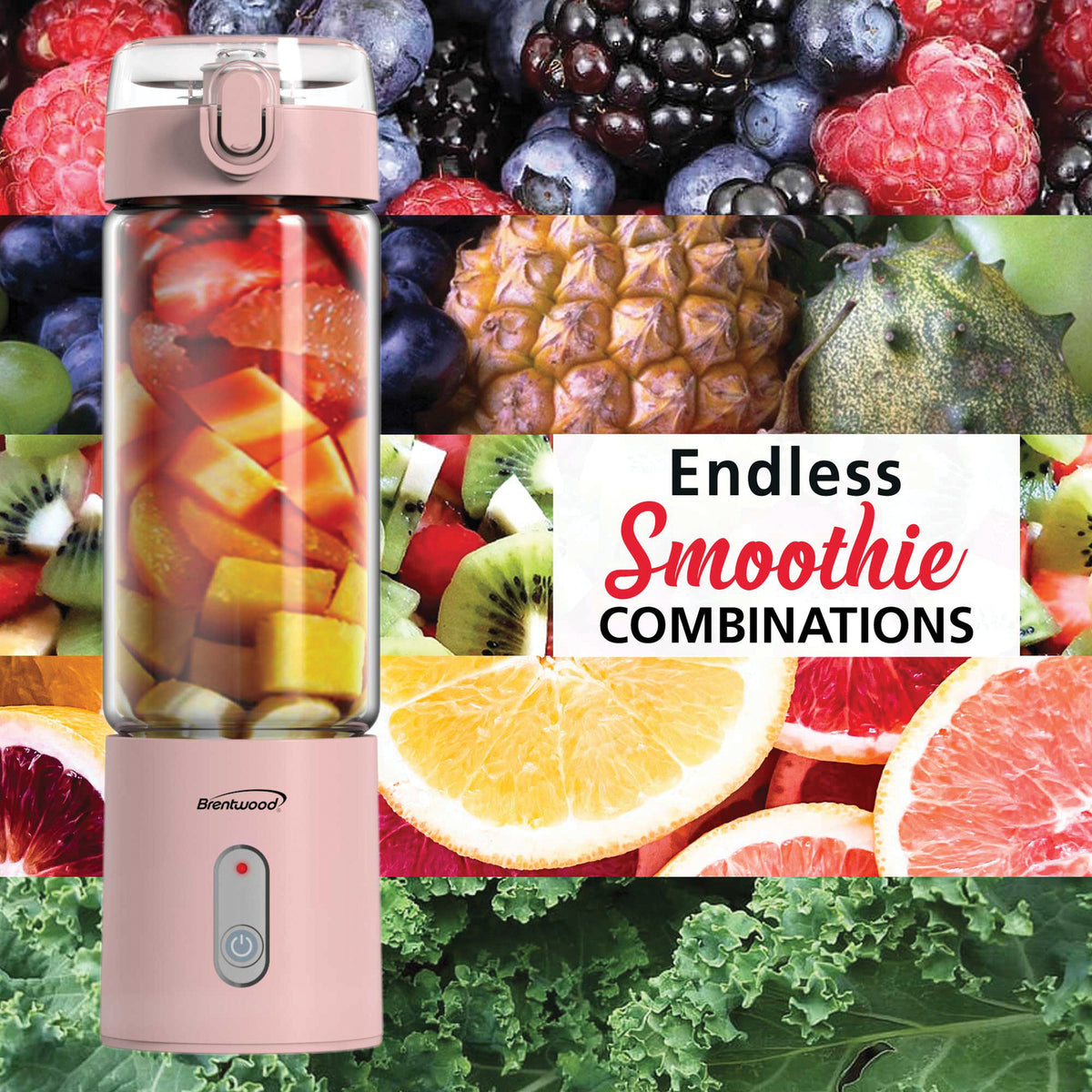 BRENTWOOD RJB-100PK 17-Ounce Portable USB Blender with Sports Lid, Pink