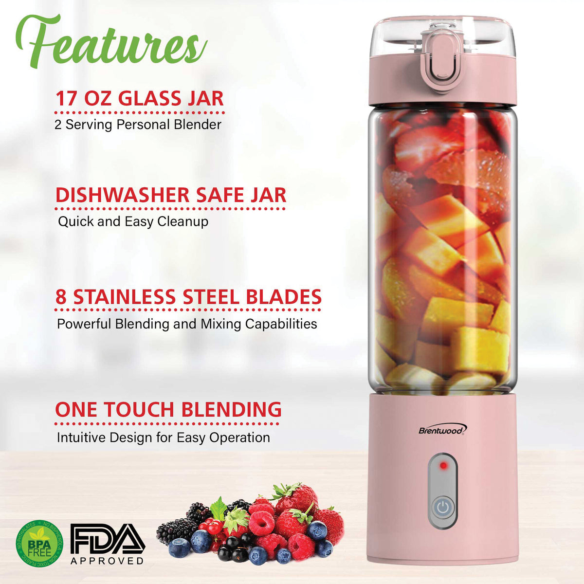 BRENTWOOD RJB-100PK 17-Ounce Portable USB Blender with Sports Lid, Pink