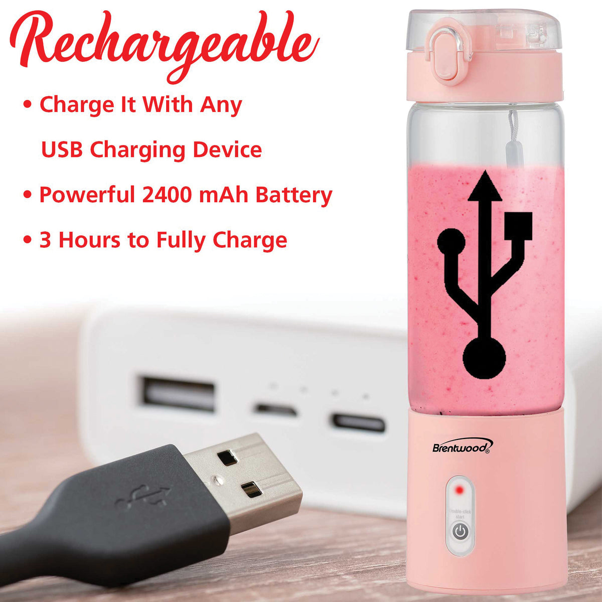 BRENTWOOD RJB-100PK 17-Ounce Portable USB Blender with Sports Lid, Pink