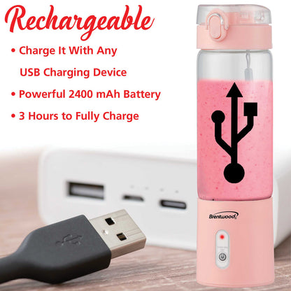 BRENTWOOD RJB-100PK 17-Ounce Portable USB Blender with Sports Lid, Pink