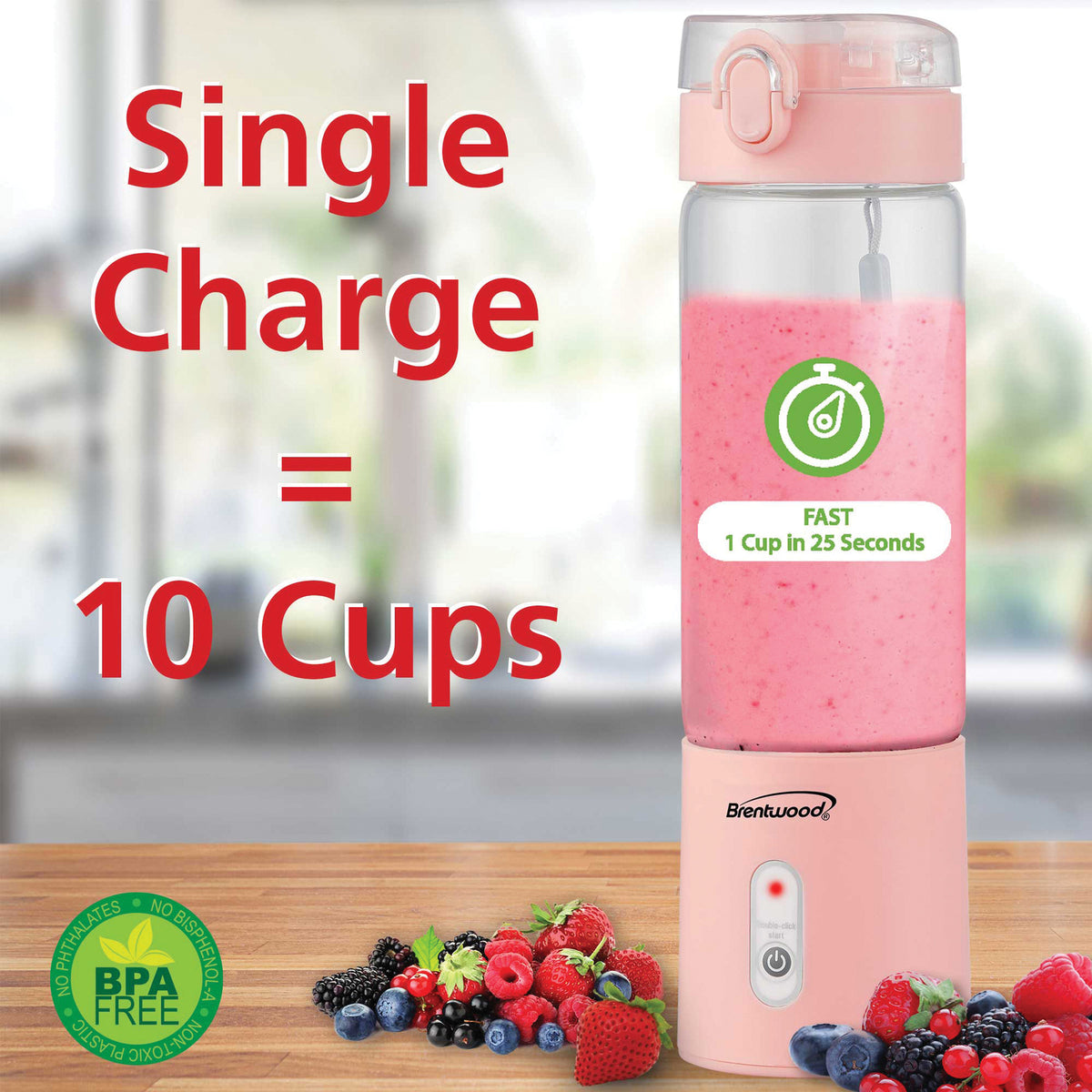 BRENTWOOD RJB-100PK 17-Ounce Portable USB Blender with Sports Lid, Pink