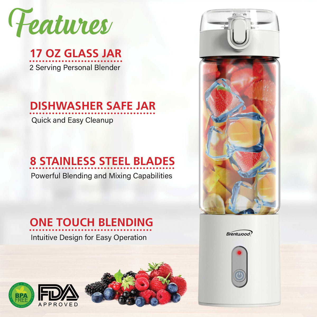 BRENTWOOD RJB-100W 17-Ounce Portable USB Personal Blender, White