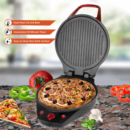 Brentwood TS-124R 12-Inch Non-Stick Pizza Maker with Dual-Heat Lid and 30-Minute Timer