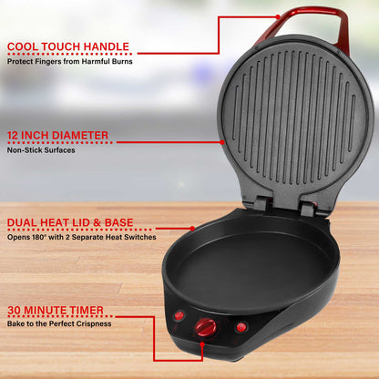 Brentwood TS-124R 12-Inch Non-Stick Pizza Maker with Dual-Heat Lid and 30-Minute Timer