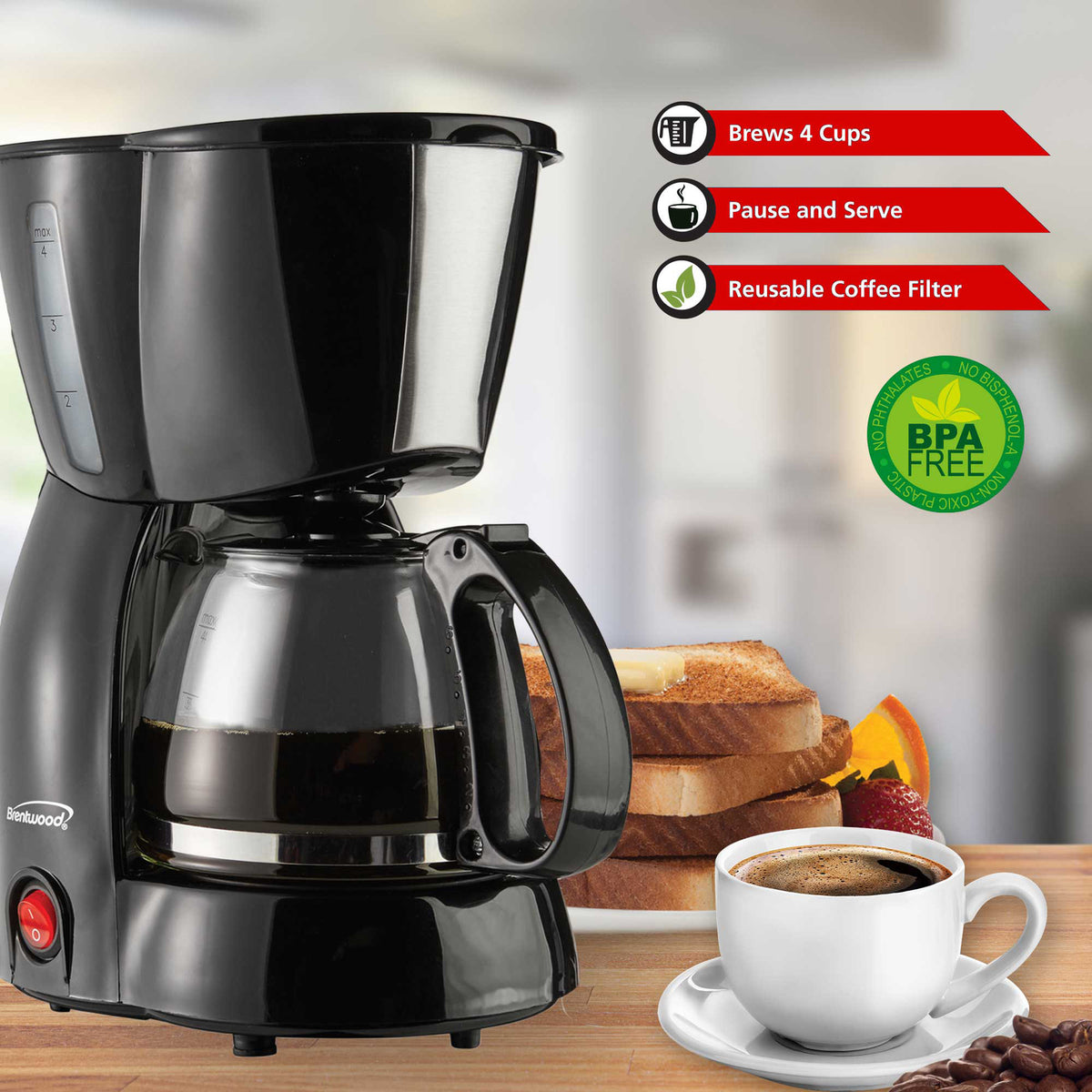 Brentwood TS-213BK 4-Cup Black Coffee Maker with Reusable Filter