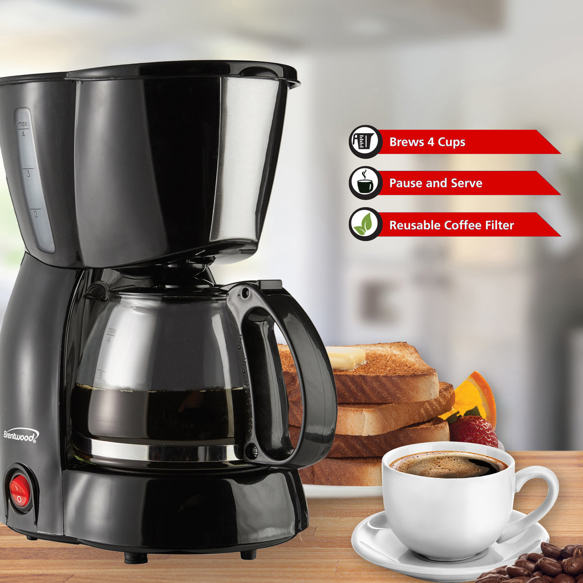Brentwood TS-213BK 4-Cup Black Coffee Maker with Reusable Filter