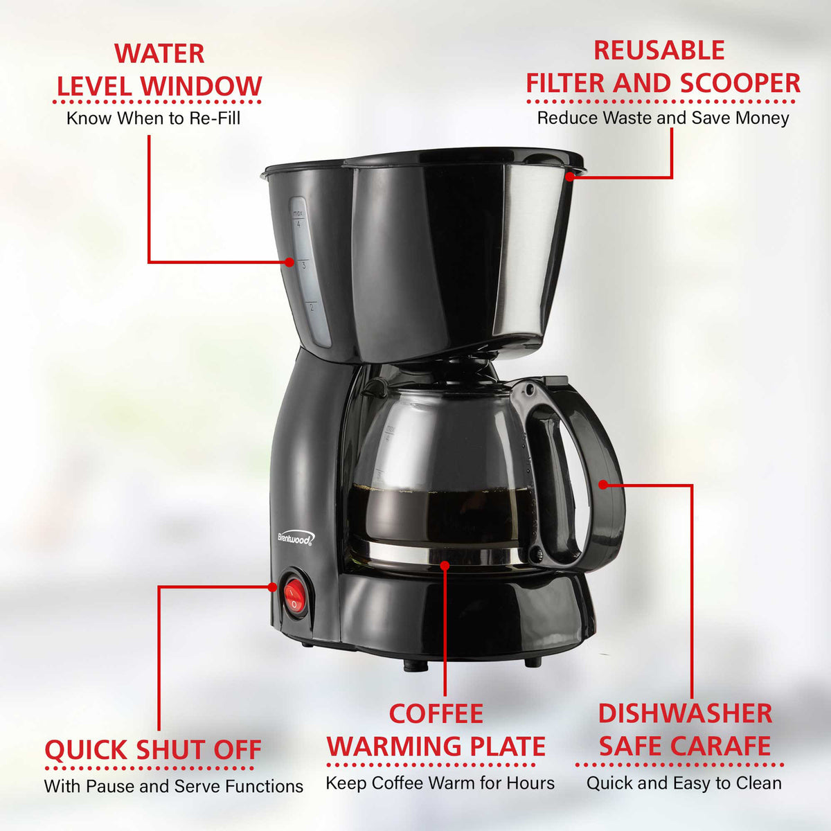 Brentwood TS-213BK 4-Cup Black Coffee Maker with Reusable Filter