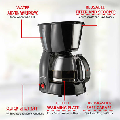Brentwood TS-213BK 4-Cup Black Coffee Maker with Reusable Filter