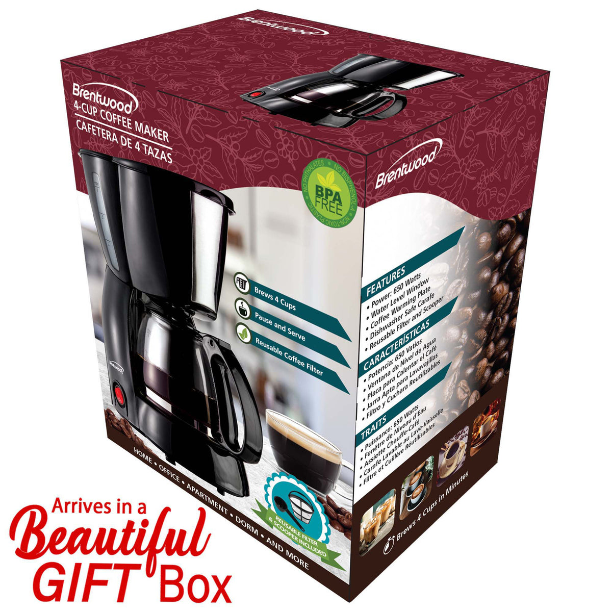 Brentwood TS-213BK 4-Cup Black Coffee Maker with Reusable Filter