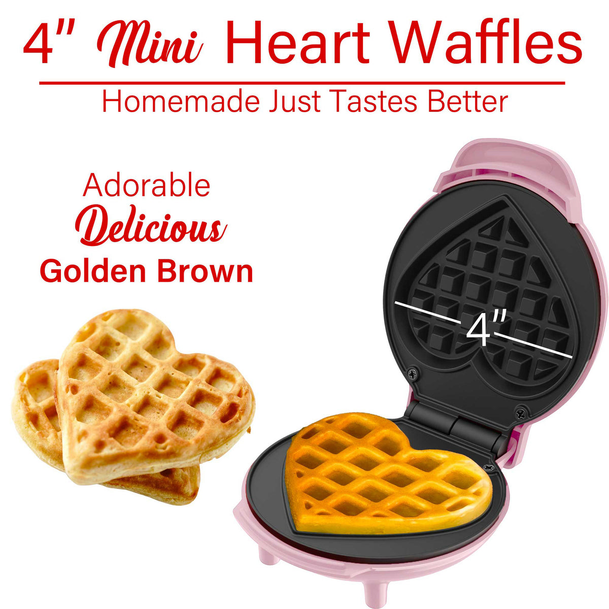 Brentwood TS-2144PK 4-Inch Heart-Shaped Mini Waffle Maker with Nonstick Plates and Cool-Touch Handle