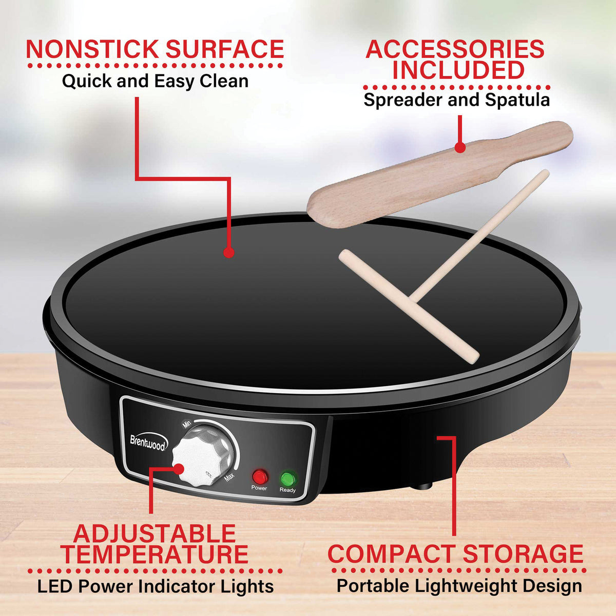 Brentwood TS-602BK 12-Inch Electric Nonstick Crepe Maker and Pancake Griddle