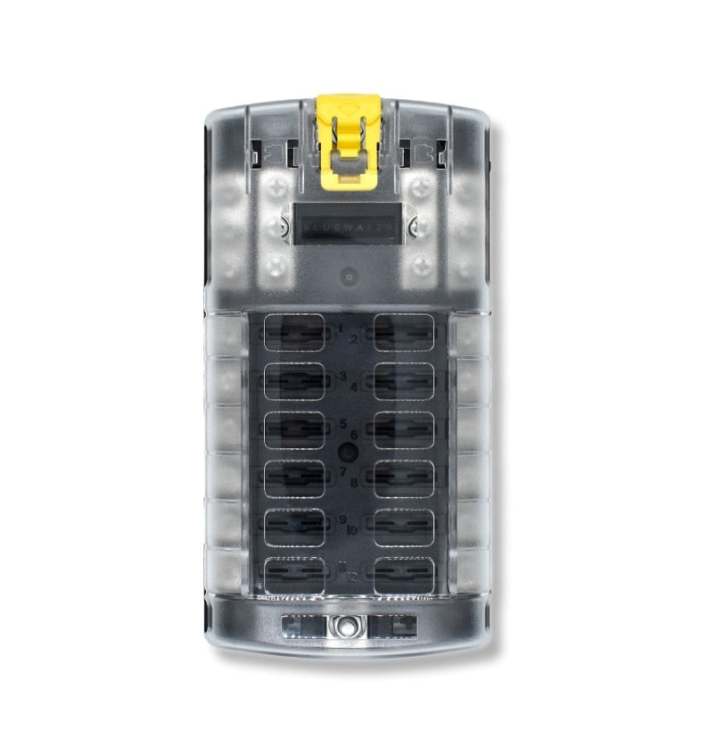 Bluewater Enterprises 3200-3003-012 12-Position ATC Marine Fuse Block with Yellow Slide and Ground Block