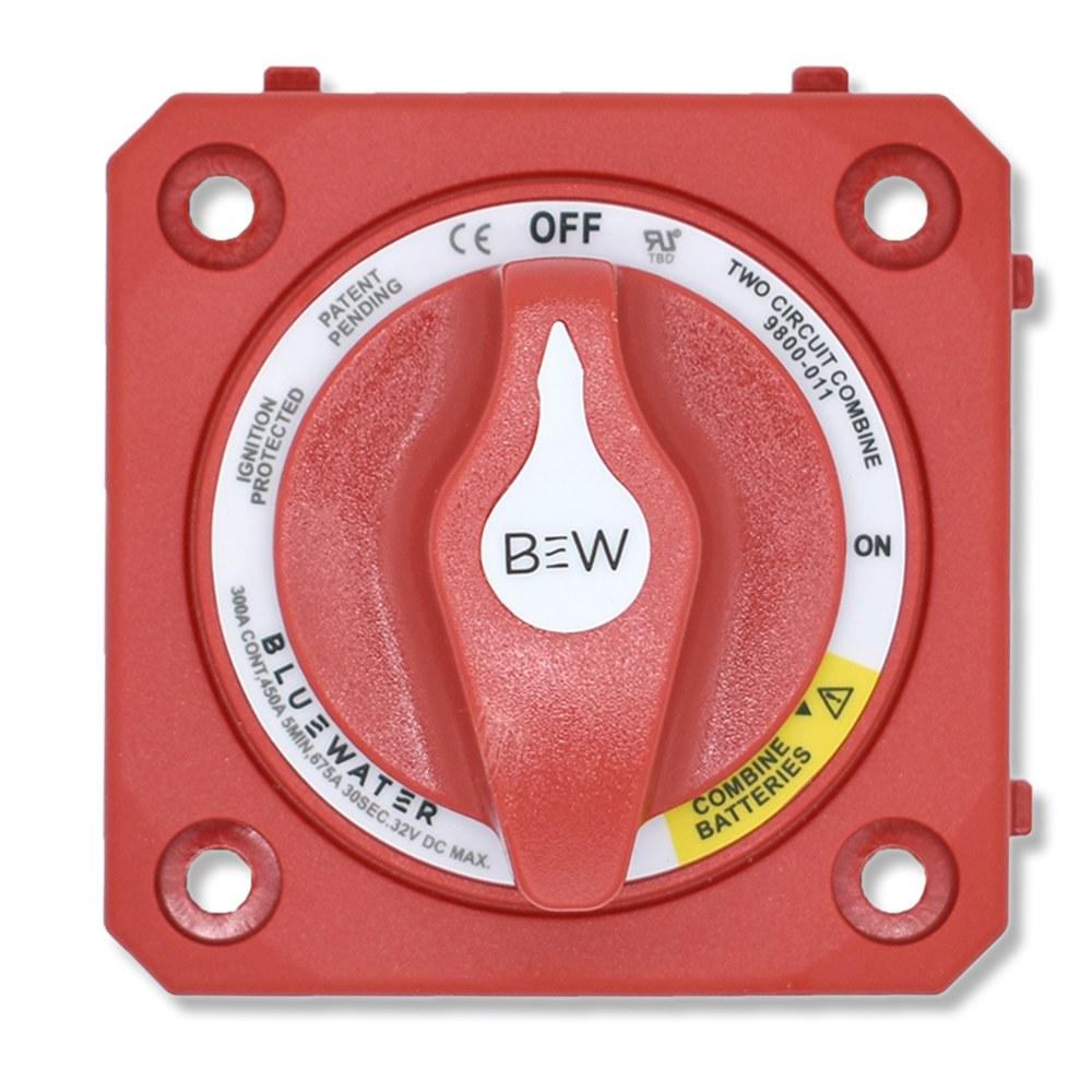 Bluewater Enterprises 9800-011-10 Dual Circuit Plus Battery Switch, 300A, Off/On/Combine, Panel Mount, Red