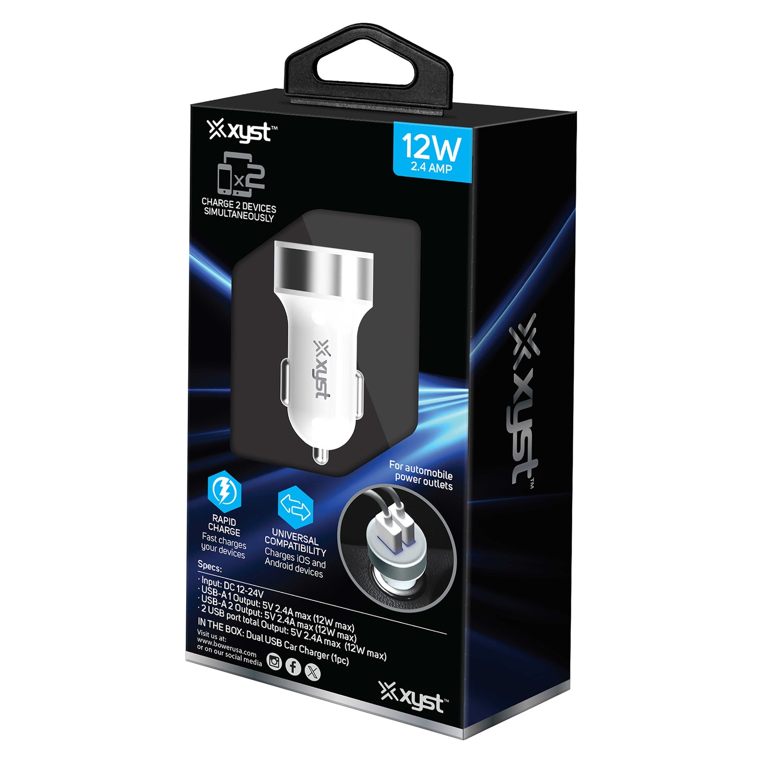 XYST(TM) XYS-CC524D 2.4 Amp USB Car Charger - Compact, Rapid Charging & Universal Compatibility