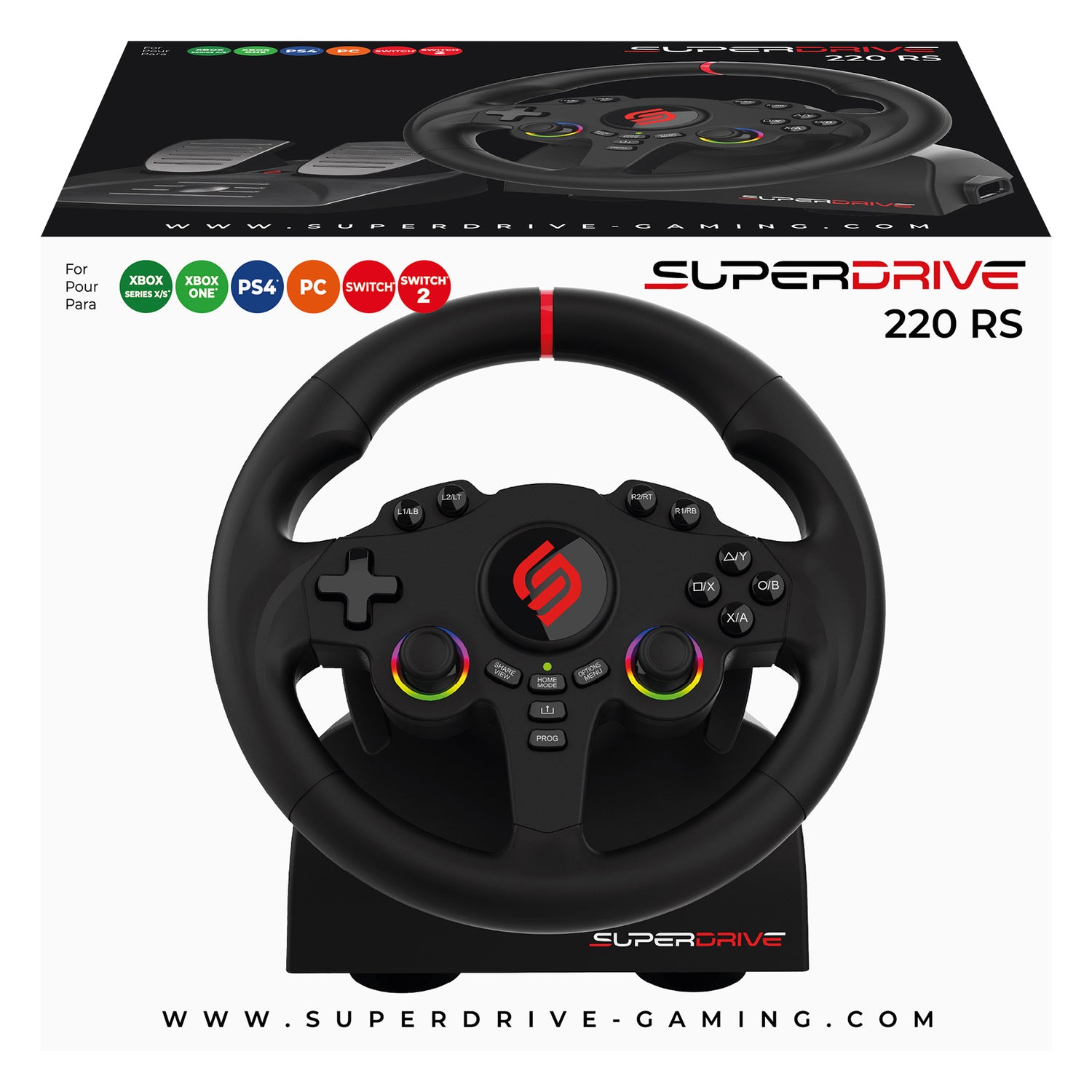 SUBSONIC 220 RS Racing Wheel with 3-Spoke Wired Design for PS4, Xbox One, Nintendo Switch, and PC