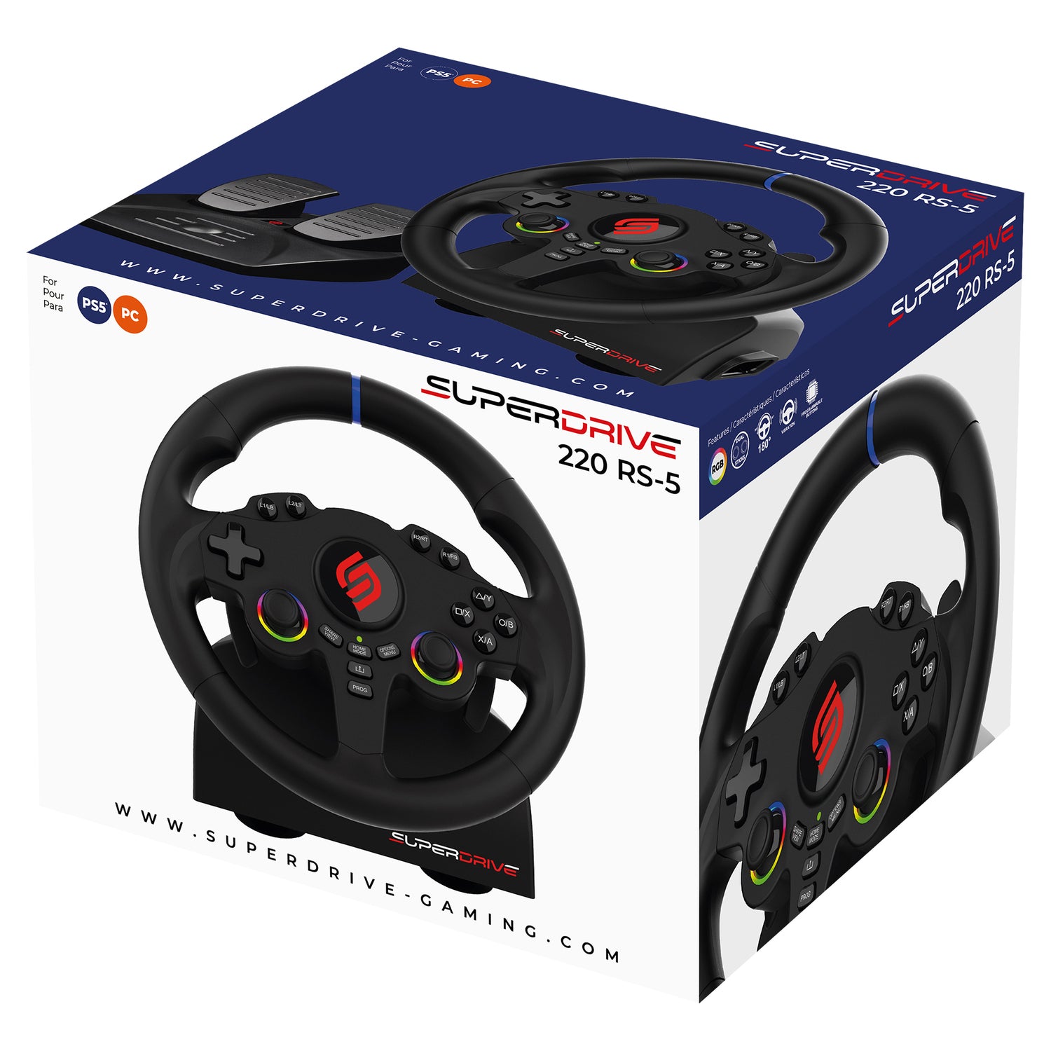 SUBSONIC 220 RS-5 Racing Wheel for PS5 and PC – 8.6-inch Wired Steering Wheel with Dual Vibration, RGB LEDs, and Programmable Controls
