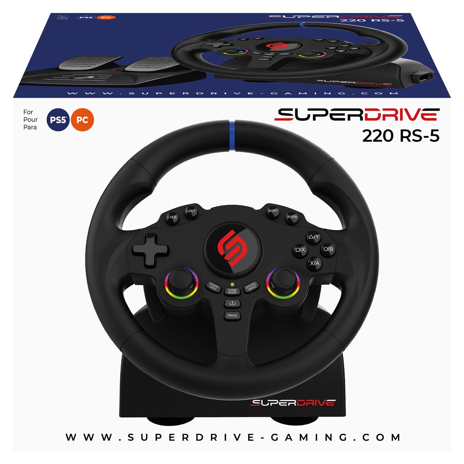 SUBSONIC 220 RS-5 Racing Wheel for PS5 and PC – 8.6-inch Wired Steering Wheel with Dual Vibration, RGB LEDs, and Programmable Controls