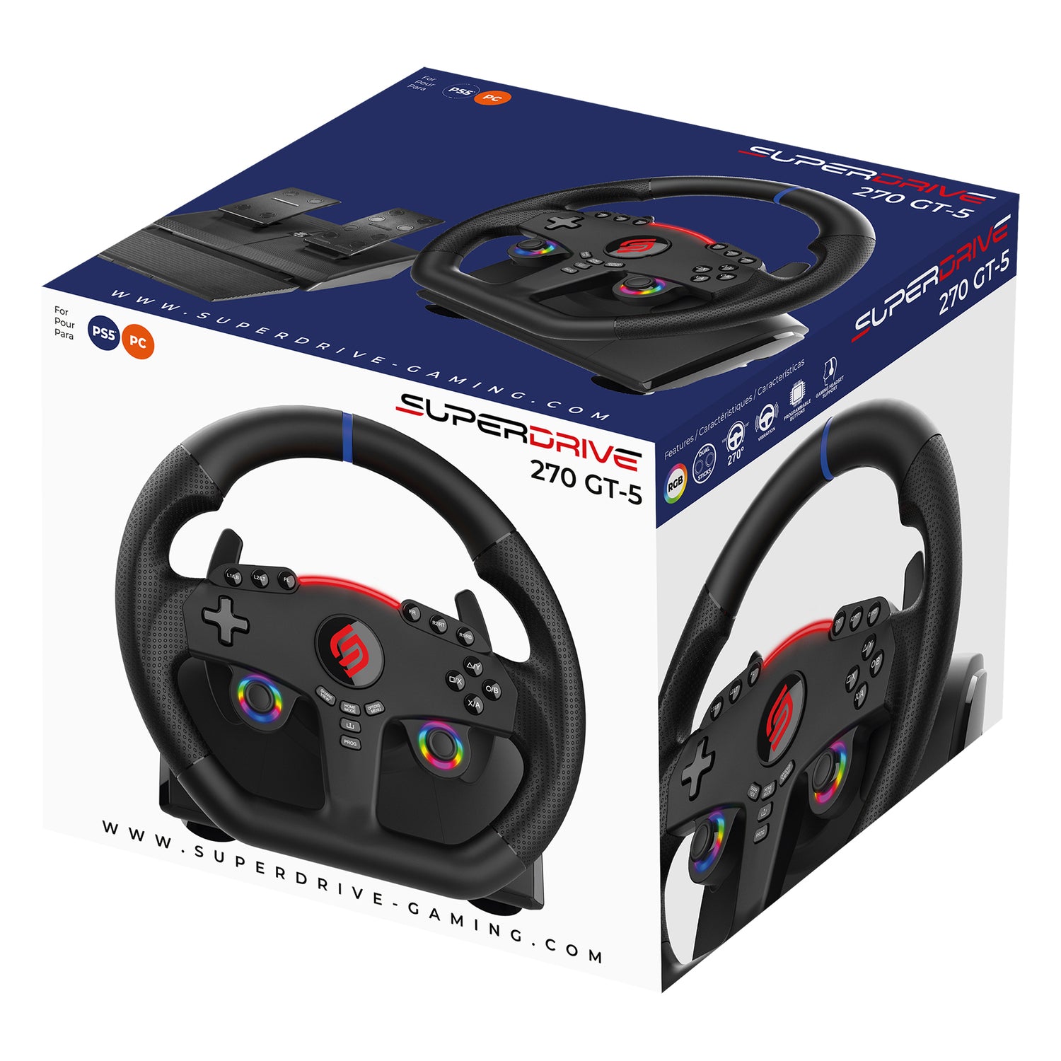 SUBSONIC 270-GT 5 Racing Wheel for PS5 and PC - 11-inch Wired Steering Wheel with Dual Vibration and RGB LEDs