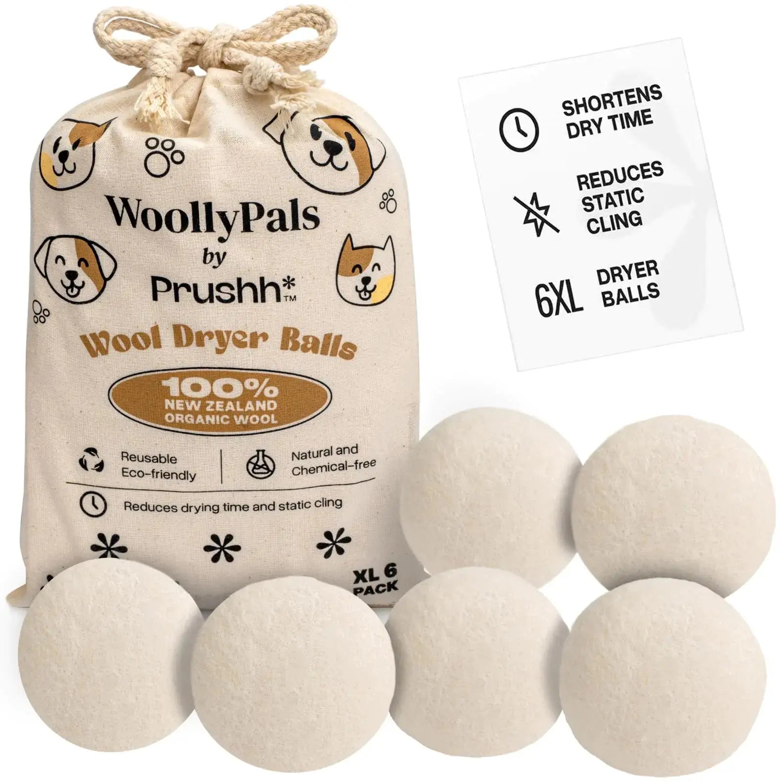WoollyPals Wool Dryer Balls (6-Pack XL Size)- 100% New Zealand Organic Wool - Sustainable & Eco-Friendly - Dry 1000 Loads Replaces Dryer Sheets Reduces Static Cling Reusable (Plain Design) Atticus Goods