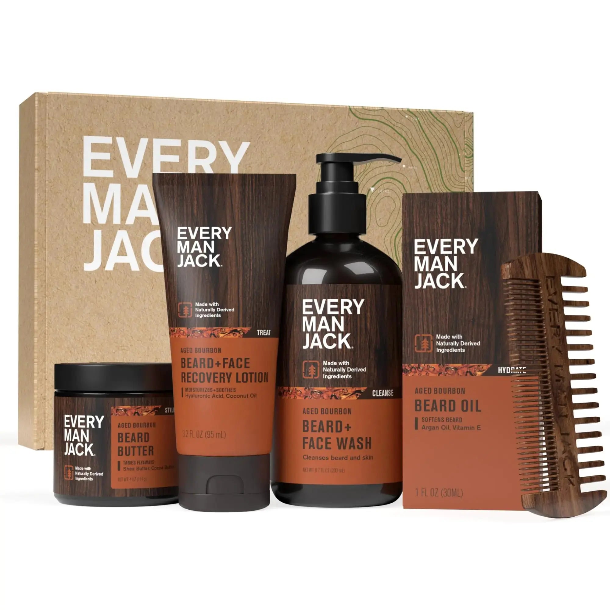 Every Man Jack Mens Aged Bourbon Beard Set - Five Full-Sized Grooming Essentials For a Complete Routine - Beard + Face Wash Beard + Face Lotion Hydrating Beard Oil Beard Butter and Beard Comb Atticus Goods