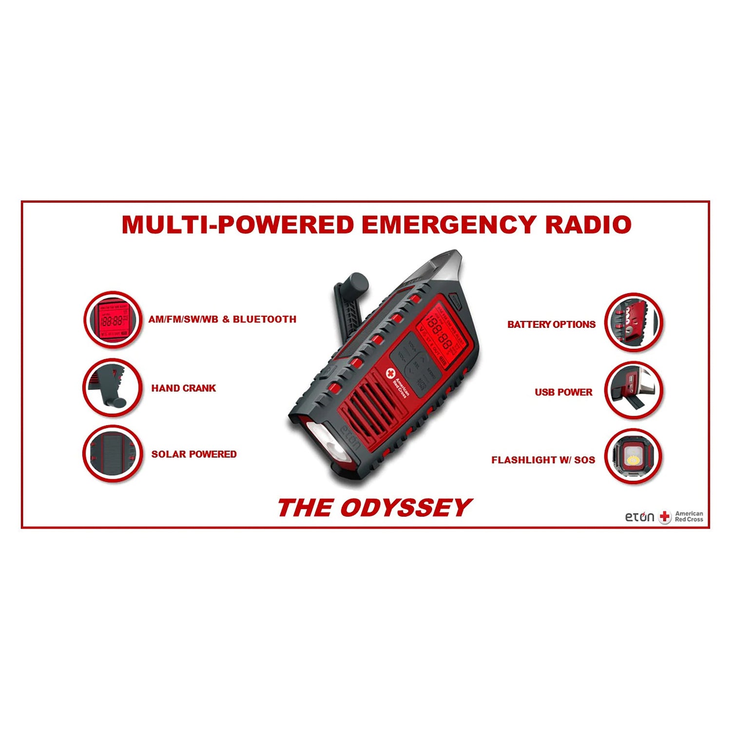 American Red Cross Odyssey BT Weather Radio with Solar Power, Bluetooth, and Emergency Features