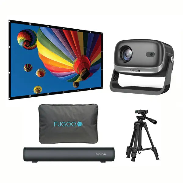 FUGOO FPJ1080PS Out 120-inch Screen Projector Bundle with Sound Bar, Tripod, and Accessories