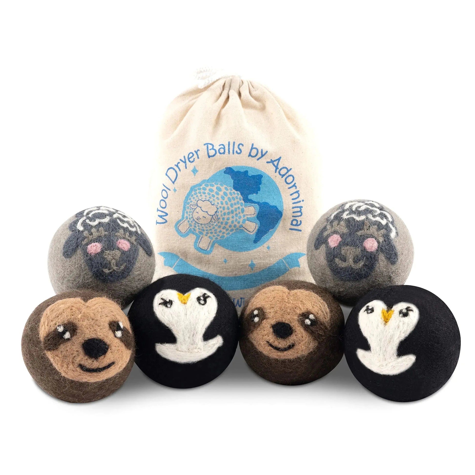 Wool Dryer Balls – Sloth Penguin and Sheep Design Dryer Balls Laundry Reusable – Natural Fabric Softener – 100% Pure New Zealand Wool – Handcrafted in Nepal – 6 Pack Laundry Balls for Dryer Atticus Goods