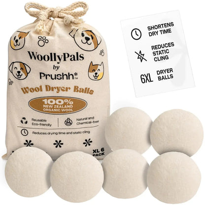 WoollyPals Wool Dryer Balls (6-Pack XL Size)- 100% New Zealand Organic Wool - Sustainable & Eco-Friendly - Dry 1000 Loads Replaces Dryer Sheets Reduces Static Cling Reusable (Plain Design) Atticus Goods