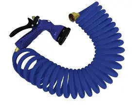 Whitecap Industries 15' Blue Coiled Hose with Nozzle - Durable Flexible Water Hose